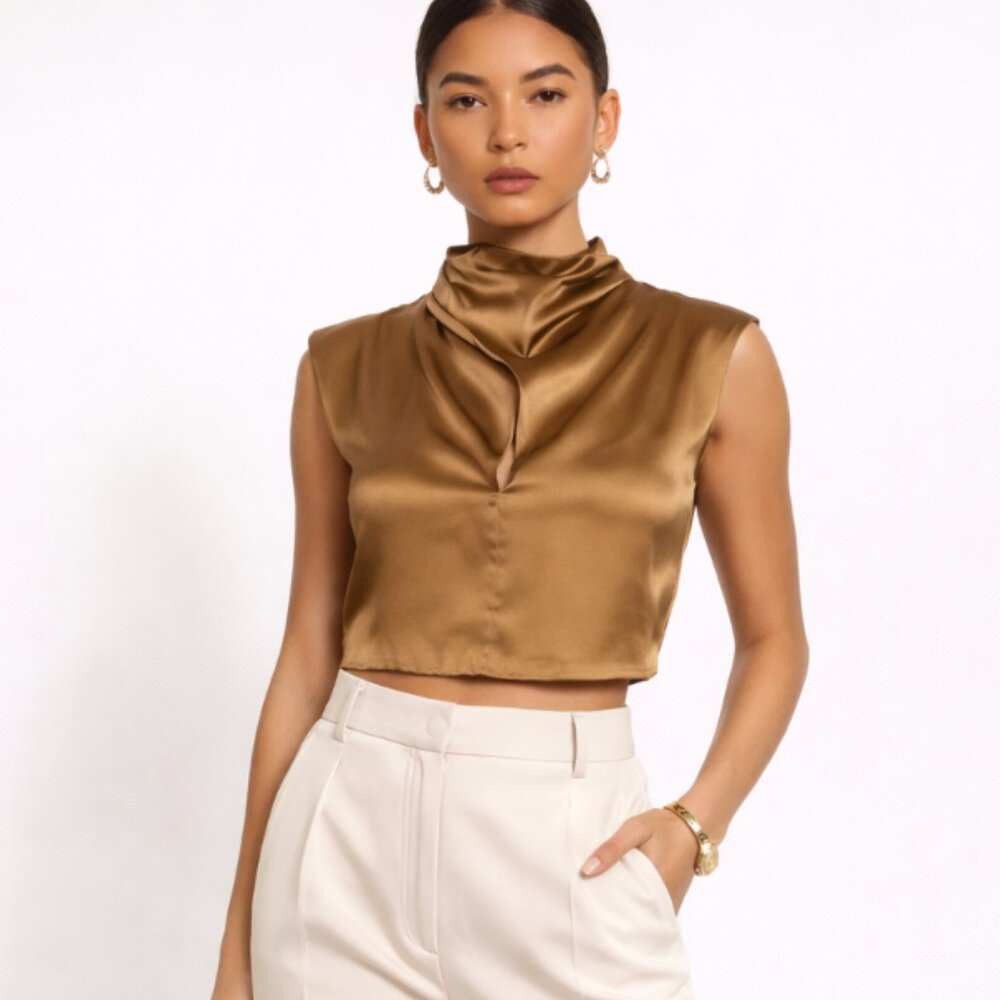 NICHOLAS Silk Keyhole Front Crossover Cowlneck Sleeveless Crop Top